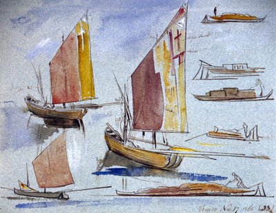 Studi di barche veneziane, con vela piena e ormeggio. Disegno ad acquerello colorato, di Edward Lear (1812-1888) da Edward Lear