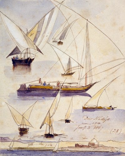 Studi di varie barche egiziane (inclusi dahabeeyahs e gyassis) vicino a Deir KAdige (Egitto) rappresentate su un tratto tranquillo e, in fondo alla pagina, una vista delle rive del Nilo con una moschea da Edward Lear