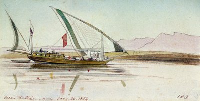 Studio di gyassi (barca egiziana), sul Nilo vicino a Ballas (Egitto). Disegno ad acquerello colorato da Edward Lear