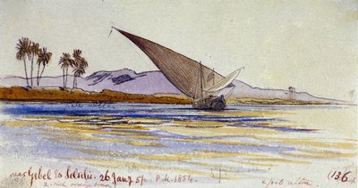 Le rive del Nilo (Egitto), con palme e gyassi di fronte alla riva, vicino a Gebel el Silsileh da Edward Lear