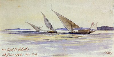 Tre navi da trasporto tradizionali egiziane, che navigano sul Nilo, vicino a Gebel el-Silsila da Edward Lear