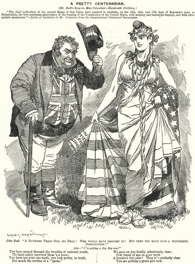 Cartone animato Punch: Una graziosa centenaria - il centenario della redazione della Costituzione degli Stati Uniti da Edward Linley (after) Sambourne