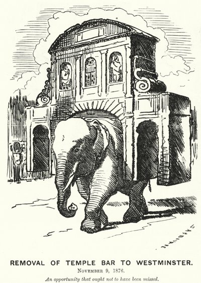 Cartone animato di Punch: Rimozione del Temple Bar a Westminster (incisione) da Edward Linley (after) Sambourne