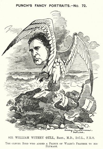 Cartone animato di Punch: Sir William Withey Gull, medico inglese che curò il Principe di Galles per la febbre tifoide e divenne medico ordinario della Regina Vittoria da Edward Linley (after) Sambourne
