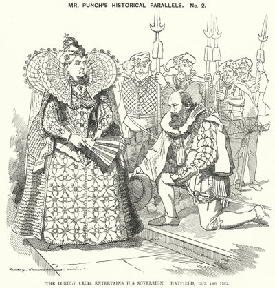 Cartone animato Punch: Il nobile Cecil intrattiene il suo sovrano, Hatfield da Edward Linley (after) Sambourne