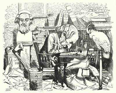 Cartone animato di Punch: scrittore al lavoro nel suo studio (incisione) da Edward Linley (after) Sambourne