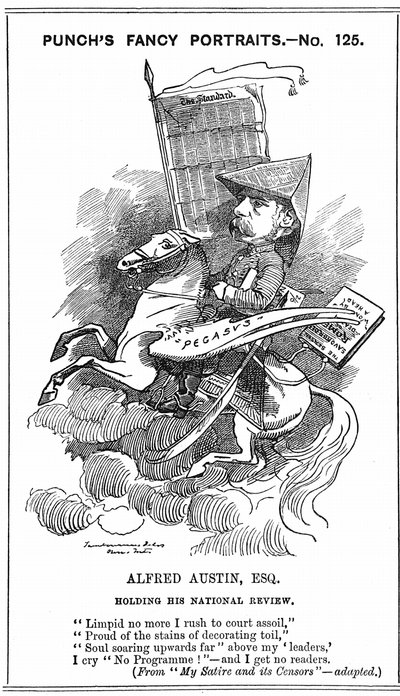 Alfred Austin (1835-1913) poeta laureato britannico dal 1896. Caricatura di Edward Linley Sambourne (1844-1910) nella serie Fancy Portraits in Punch, Londra, 3 marzo 1883, quando Austin divenne editore del National Review. Incisione. da Edward Linley Sambourne