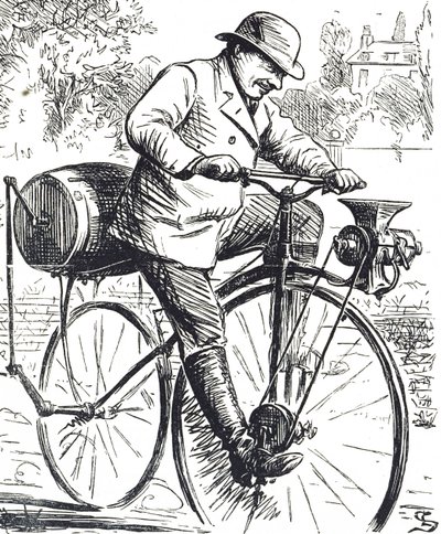 Cartone animato che raffigura una bicicletta macinacaffè da Edward Linley Sambourne