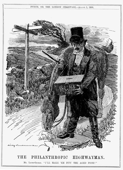 David Lloyd George (1863-1945) statista liberale britannico nato in Galles. Nel 1908, come Cancelliere dello Scacchiere, Lloyd George introdusse la sua legge sulle pensioni di vecchiaia. Caricatura di Edward Linley Sambourne da Punch, Londra, agosto 1908. da Edward Linley Sambourne