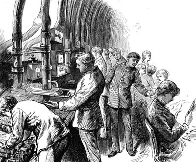 Incisione che raffigura il trasporto pneumatico utilizzato dal General Post Office per trasportare pacchi sotto Londra da Edward Linley Sambourne