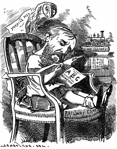Evelyn Ashley (1836-1907) autore inglese e politico liberale: figlio del 7° conte di Shaftesbury. Caricatura di Edward Linley Sambourne nella serie Fancy Portraits da Punch Londra aprile 1881 quando Ashley era sottosegretario al Board of Trade. da Edward Linley Sambourne