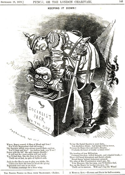 Otto von Bismarck (1815-1898) Cancelliere della Germania, cerca di costringere il Jack del Socialismo a tornare nella sua scatola. La didascalia dice che ogni atto di repressione agisce come un elisir per il desiderio umano di maggiore libertà. Caricatura  da Edward Linley Sambourne