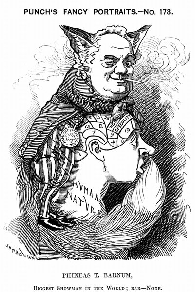 Phineas Taylor Barnum (1810-1891) impresario americano: co-fondatore del circo Barnum e Bailey. Caricatura di Edward Linley Sambourne per Punch Londra 1884 nella serie Fancy Portraits che mostra Barnum come una volpe astuta che sfrutta il bernoccolo della  da Edward Linley Sambourne