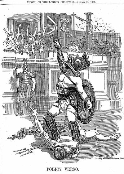 Con il ritorno del governo liberale in Gran Bretagna, dicembre 1905, il libero scambio era la politica, piuttosto che la politica conservatrice di protezione tramite tariffa. Caricatura di Edward Linley Sambourne da Punch Londra 24 gennaio 1906 da Edward Linley Sambourne