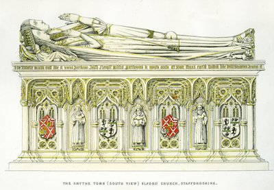 Lady Isabel Neville e il suo secondo marito, Sir William Smythe, dalla tomba Smythe, Chiesa di San Pietro, Elford, Staffordshire, Inghilterra, 1848-9 da Edward M. Richardson