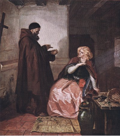 Giulietta e frate Lorenzo (Romeo e Giulietta) Prendi la fiala, essendo poi a letto, e bevi questo liquore distillato, da Le opere complete di William Shakespeare pub. da J Coker & Co Ltd da Edward Matthew Ward