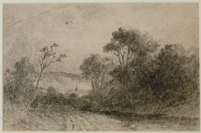 Paesaggio con tetti dietro alberi (#49) c. 1880 da Edward Mitchell Bannister