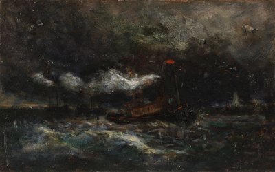 Tempesta, barca Brenton Light in tempesta, faro sullo sfondo, n.d. da Edward Mitchell Bannister