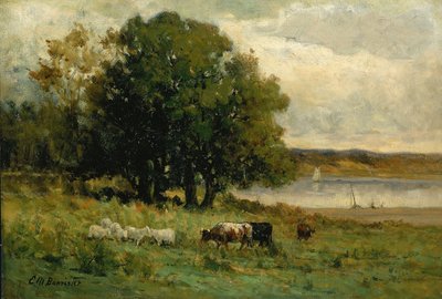 Senza titolo (bestiame vicino al fiume con barca a vela in lontananza) da Edward Mitchell Bannister