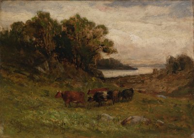 Senza titolo (cinque mucche al pascolo con alberi e fiume sullo sfondo) da Edward Mitchell Bannister