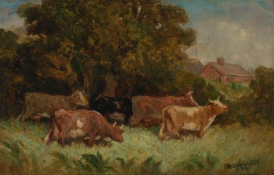 Senza titolo (cinque mucche al pascolo, tetto sullo sfondo) da Edward Mitchell Bannister