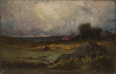 Senza titolo (paesaggio con roccia in primo piano e tetto con campanile, lago sullo sfondo) da Edward Mitchell Bannister