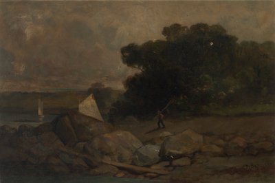 Senza titolo (paesaggio con rocce, uomo e barche a vela) da Edward Mitchell Bannister