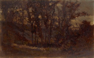 Scena forestale senza titolo, albero caduto in primo piano e casa sullo sfondo, 1873 da Edward Mitchell Bannister