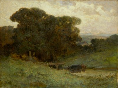 Scena di Foresta senza Titolo con Ponte, Mucche nel Torrente in Primo Piano da Edward Mitchell Bannister