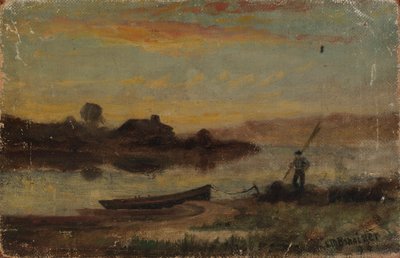 Paesaggio senza titolo, barca ormeggiata vicino alla riva con uomo che cammina da Edward Mitchell Bannister