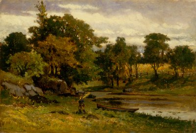 Paesaggio senza titolo, barca ormeggiata vicino al ruscello, uomo che cammina in primo piano da Edward Mitchell Bannister