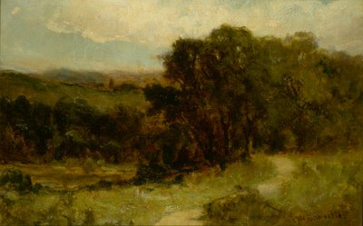 Paesaggio senza titolo con strada vicino a un ruscello e alberi da Edward Mitchell Bannister