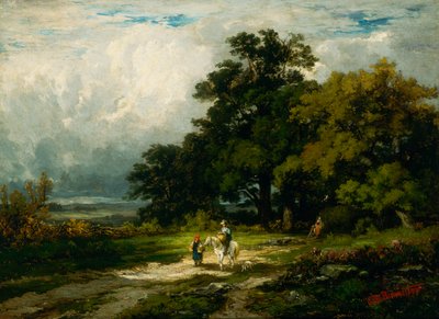 Uomo senza titolo a cavallo con donna e cane da Edward Mitchell Bannister
