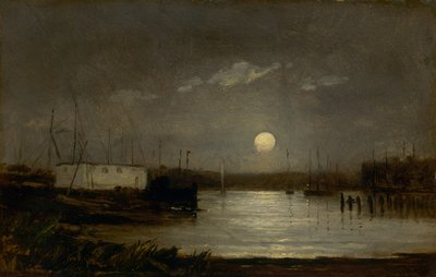 Luna piena senza titolo su un porto, scena del molo con luna piena e alberi di barche, ca. 1868 da Edward Mitchell Bannister