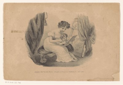 Donna e bambino che guardano una stampa da Edward Purcell