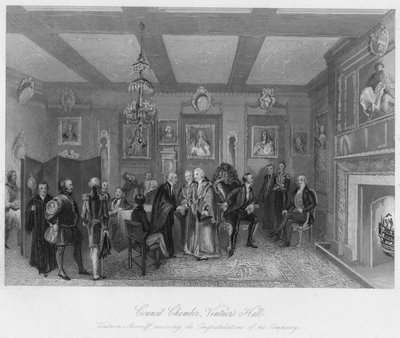 Sala del Consiglio, Vintners Hall. Vintner Sherriff riceve le congratulazioni della sua compagnia, c1 da Edward Radclyffe