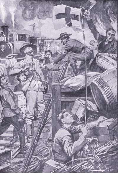 Falsi ambulanzieri che distruggono i magazzini a Komati Foort sotto la copertura della bandiera della Croce Rossa, illustrazione da After Pretoria: The Guerilla War, 1902 da Edward Read