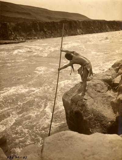 Indiano Tlakluit, in piedi su una roccia, pesca con una rete da immersione, 1910 circa (foto b/n) da Edward Sheriff Curtis