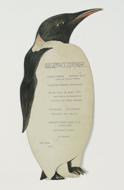 Menu a forma di pinguino imperatore, per la cena del giorno di mezza estate, Cape Evans, 22 giugno 1912 da Edward W. Nelson