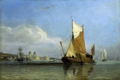 Una chiatta piena di fieno al largo di Greenwich, sul Tamigi (Inghilterra), un tipo di barca a fondo piatto, pratica per entrare nei torrenti delle fattorie di Suffolk e Margate, andava avanti e indietro fino al cuore di Londra per fornire fieno a centinai da Edward William Cooke