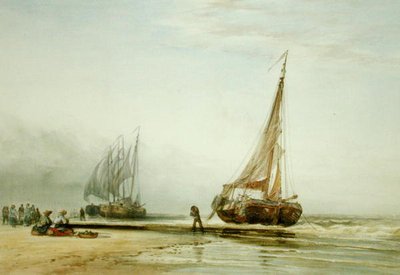 Barche da pesca olandesi sulla spiaggia con gruppi di pescatori da Edward William Cooke