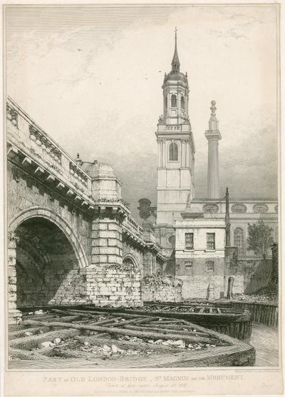 Parte del vecchio London Bridge, St Magnus e il Monumento da Edward William Cooke
