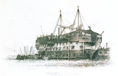 Nave prigione nel porto di Portsmouth con i detenuti che salgono a bordo da Edward William Cooke