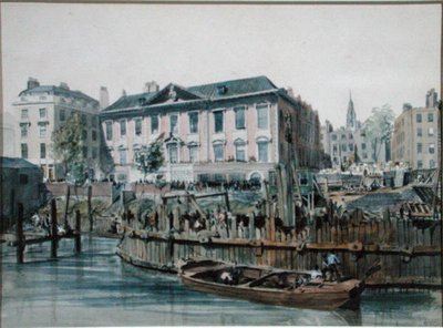 Vista di una cassaforma in legno che racchiude battipali e argani per il London Bridge da Edward William Cooke