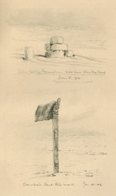 Cairn lasciato dai norvegesi e il segno del Polo Sud di Amundsen, gennaio 1912, 1913 da Charles Edward Wilson