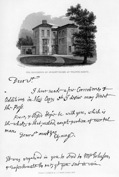 Una lettera di Edward Young e una vista della sua residenza a Welwyn, Hertfordshire, 1740s, 1840 da Edward Young
