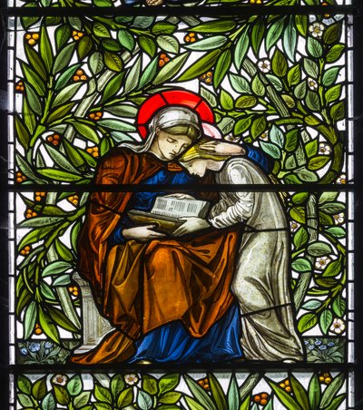 Nun Monkton, Santa Maria, Morris Marshall & Faulkner & Co, William Morris, Edward Burne-Jones, Maria e Gesù che leggono da Edward and Morris Burne Jones