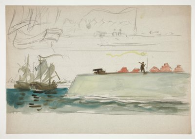 Barche in mare: nave da guerra in primo piano, barca a vela in lontananza - (illustrazione non identificata) da Edwin Austin Abbey