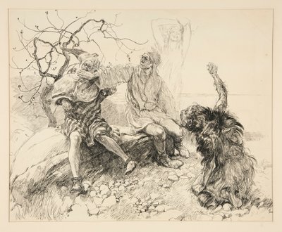 Calibano, Stefano e Trinculo (Ariel invisibile), illustrazione per Atto II, Scena ii, La Tempesta da Edwin Austin Abbey