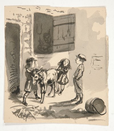 Bambini con asino (recto); Illustrazione non identificata di un suonatore di organetto (verso) da Edwin Austin Abbey